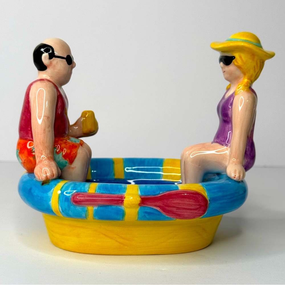 Summer Stock Ceramic Bowl 1999 Hand Painted Man Women in Boat